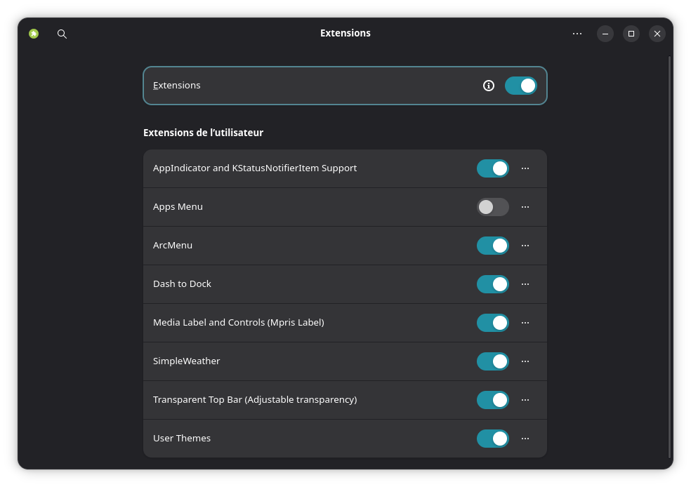 Les extensions de Gnome qui sont installées